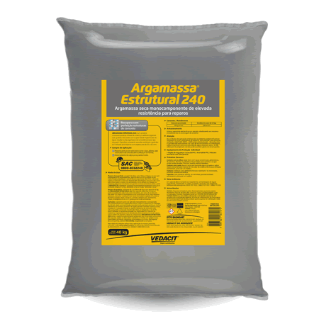 ARGAMASSA ESTRUTURAL 240 é um produto monocomponente à base de cimento e aditivos especiais, que quando misturado com a quantidade especificada de água resulta numa argamassa de consistência seca, tipo dry-pack. O produto apresenta elevada resistência mecânica e é indicado para reparos com espessuras de 3 a 7cm.