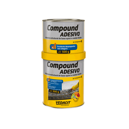 COMPOUND ADESIVO é um adesivo estrutural de base epóxi que apresenta altas resistências em baixas idades, média fluidez, possibilitando grande facilidade para manuseio. Proporciona alto rendimento e excelente aderência a vários tipos de substratos, sendo indicado para colagem, mesmo entre si, de concreto, ferro, madeira, pedra etc. Oferece ótima resistência a água, óleo, graxa e meio agressivo. Pode ser aplicado em superfícies úmidas, embora não encharcadas. COMPOUND ADESIVO apresenta resistência inicial em 24 horas e resistência máxima final 7 dias depois da aplicação.