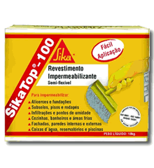 SikaTop® 100 é um revestimento, semi-flexível, impermeabilizante e protetor, bicomponente, à base de cimento, areias selecionadas e resina acrílica para uso em concreto, argamassa ou alvenaria com excelente aderência e impermeabilidade. SikaTop® 100 é fornecido pronto para o uso, bastando misturar os componentes A (líquido) e B (pó).